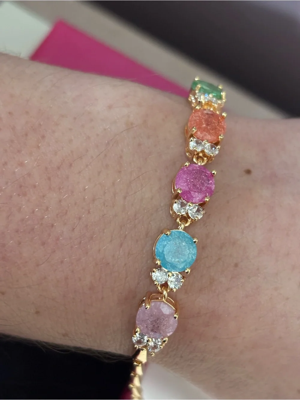 Gold-Tone Bracelet with Pink, Blue, Peach & Green Druzy Stones